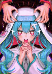 +_+ 1girl aqua_hair blood blood_from_mouth blue_hair blush hair_between_eyes hair_ornament hat hatsune_miku highres kasane_teto kasane_teto_(sv) letter_hair_ornament long_hair long_sleeves looking_at_viewer mind_control nun open_mouth own_hands_together pink_eyes red_eyes sawara_wara smile synthesizer_v t-shi_no_hanashi_wo_shinjiru_na_(vocaloid) traditional_nun twintails upper_body utau vocaloid