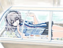 1girl alternate_costume black_skirt blue_eyes blush breasts chiaki_tarou clerk convenience_store display employee_uniform female_focus finger_to_mouth grey_hair hat in_container in_refrigerator kantai_collection kashima_(kancolle) lawson long_hair looking_at_viewer lying md5_mismatch medium_breasts miniskirt name_tag on_back parody pleated_skirt refrigerator resized shirt shop short_sleeves shushing skirt smile solo striped_clothes striped_shirt twintails vertical-striped_clothes vertical-striped_shirt
