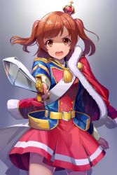 1girl aiguillette aijou_karen angry arm_at_side belt blue_jacket brown_eyes brown_hair buttons commentary_request cowboy_shot crown double-breasted epaulettes foreshortening fur-trimmed_jacket fur_trim gradient_background grey_background highres holding holding_sword holding_weapon jacket jacket_on_shoulders long_sleeves looking_at_viewer medium_hair mini_crown miniskirt open_mouth outstretched_arm pointing_melee_weapon pointing_sword possibility_of_puberty_(sword) red_jacket red_skirt sash shoujo_kageki_revue_starlight single_stripe skirt solo standing sword tassel teeth tilted_headwear two_side_up upper_teeth_only v-shaped_eyebrows waist_cape weapon yellow_belt yoshika_(music480069)