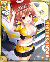1girl arms_up black_bow black_headwear black_thighhighs bow breasts brown_eyes brown_hair card_(medium) cleavage girlfriend_(kari) hair_bow hair_ornament jacket looking_at_viewer medium_breasts midriff navel official_art open_mouth outdoors ponytail qp:flapper race_car race_queen race_track sakurai_akane_(girlfriend) shirt skirt smile standing thighhighs yellow_jacket yellow_skirt zettai_ryouiki
