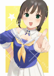 Rule 34 | 1girl, :d, adversarial noise, blue ribbon, blue shirt, blush, breasts, brown hair, circle name, cleavage, collared shirt, commentary request, cosplay, cowboy shot, fletcher (kancolle), fletcher (kancolle) (cosplay), fubuki (kancolle), green eyes, hair between eyes, hand on own hip, kantai collection, low ponytail, medium hair, neck ribbon, neckerchief, off-shoulder shirt, off shoulder, open mouth, outstretched arm, pleated skirt, pointing, pointing at viewer, ponytail, reaching, reaching towards viewer, ribbon, sailor collar, sakiecho, shirt, signature, simple background, skirt, smile, solo, standing, three-quarter sleeves, watermark, white background, white sailor collar, white skirt, yellow background, yellow neckerchief