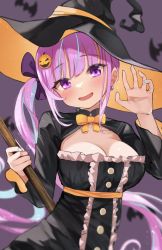 1girl bat_background black_dress bow breasts cleavage_cutout clothing_cutout dress earrings food-themed_hair_ornament hair_ornament halloween hands_up hat highres holding hololive jewelry long_sleeves looking_at_viewer medium_breasts minato_aqua multicolored_hair open_mouth pink_eyes pink_hair pumpkin_hair_ornament purple_background satsukl_5 side_ponytail solo streaked_hair upper_body virtual_youtuber witch_hat