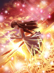 Rule 34 | 00s, brown eyes, brown hair, chocolat., clannad, dress, dutch angle, girl from the illusionary world, grass, highres, long hair, solo, sparkle, sundress, sunset