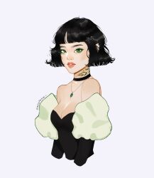 Rule 34 | 1girl, bare shoulders, black choker, black dress, black hair, blunt bangs, breasts, buttercup (ppg), choker, cleavage, collarbone, colored eyelashes, commentary, dress, earrings, english commentary, eyeliner, gem, green eyeliner, green eyes, green gemstone, hair ornament, hairpin, highres, jewelry, looking at viewer, makeup, medium breasts, mole, mole on breast, mole on cheek, mole on chest, neck tattoo, necklace, parted lips, powerpuff girls, short hair, simple background, solo, strapless, strapless dress, tattoo, teeth, thick lips, twitter username, upper body, white background, zeebythesea