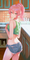 1girl absurdres ass bare_shoulders blue_shorts blush breasts butt_crack closed_mouth denim denim_shorts from_behind hair_between_eyes hair_ornament hair_scrunchie highres idolmaster idolmaster_cinderella_girls jougasaki_mika long_hair looking_at_viewer looking_back pink_hair ponytail qingli_ye scrunchie short_shorts shorts smile solo standing tank_top torn_clothes torn_shorts yellow_eyes