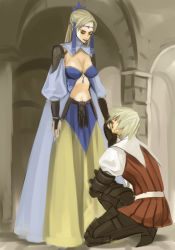 1990s_(style) armor blonde_hair breasts bridal_gauntlets cleavage couple dress closed_eyes final_fantasy final_fantasy_iii ingus kareji kneeling long_hair looking_down looking_up midriff sara_altney standing tiara
