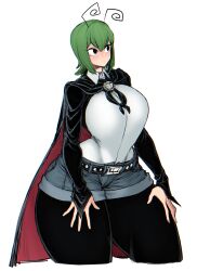Rule 34 | 1girl, alternate breast size, alternate costume, alternate form, alternate hairstyle, antennae, belt, breasts, brooch, cape, closed eyes, collared shirt, curvy, green hair, hands on thighs, highres, jewelry, large breasts, looking at another, pantyhose, shirt, short hair, shorts, simple background, solo, spacezin, tall female, thick thighs, thighs, toned, tongue, touhou, white background, white shirt, wide hips, wriggle nightbug