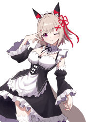 1girl alternate_costume animal_ears breasts cleavage closed_mouth collarbone commentary_request cosplay curren_chan_(umamusume) detached_sleeves enmaided grey_hair highres horse_ears horse_tail looking_at_viewer maid maid_headdress medium_breasts medium_hair purple_eyes re:zero_kara_hajimeru_isekai_seikatsu roswaal_mansion_maid_uniform shiroiro_en simple_background smile solo tail umamusume v white_background