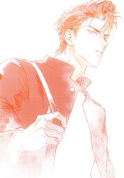 1boy ben-day_dots chimmyming collared_jacket commentary highres jacket layered_sleeves long_sleeves looking_to_the_side male_focus monochrome open_clothes open_jacket parted_lips pompadour popped_collar sakuragi_hanamichi school_uniform screentones shirt short_sideburns sideways_glance simple_background slam_dunk_(series) solo teeth upper_body white_background
