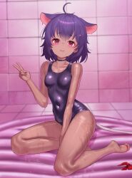 1girl absurdres animal_ears breasts commission dark-skinned_female dark_skin highres indie_virtual_youtuber mouse_ears mouse_tail one-piece_swimsuit original pixiv_commission solo swimsuit tail v virtual_youtuber whoning1