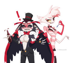 ! 1boy 1girl angel_dust black_gloves black_hat black_pants black_sclera bottle colored_sclera fang furry furry_female genderswap genderswap_(mtf) gloves grimmie02 hat hazbin_hotel highres holding holding_bottle husk_(hazbin_hotel) navel pants pointy_ears saliva simple_background teeth top_hat wings yellow_eyes