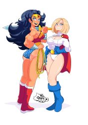 2girls ass black_hair blonde_hair blue_eyes boots breasts cape cleavage cleavage_cutout clothing_cutout dc_comics earrings highres huge_ass jewelry large_breasts leotard long_hair multiple_girls power_girl short_hair smile sonchapo sword weapon whip wonder_woman
