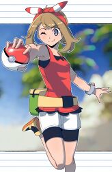 1girl absurdres bandana bike_shorts bike_shorts_under_shorts blue_eyes blush bow_hairband breasts brown_hair closed_mouth fanny_pack gjh hairband highres holding holding_poke_ball looking_at_viewer may_(pokemon) nintendo one_eye_closed poke_ball poke_ball_(basic) pokemon pokemon_oras red_bandana red_shirt shirt short_hair shorts shorts_under_shorts smile solo