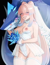 Rule 34 | 1girl, bare shoulders, blunt bangs, bow-shaped hair, breasts, bridal lingerie, e11e, genshin impact, gloves, highres, implied bestiality, lingerie, long hair, looking at viewer, multicolored hair, nipples, pink hair, purple eyes, sangonomiya kokomi, small breasts, smile, thighhighs, underwear, very long hair, vishap (genshin impact), white gloves