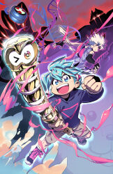 3boys absurdres aqua_eyes aqua_hair backwards_hat baseball_cap big_mouth black_boots black_bridal_gauntlets black_eyes black_gloves black_shorts blue_hood blue_hoodie blue_sleeves boots bridal_gauntlets brown_shorts cargo_shorts character_request chewing_gum clenched_hand cloud commentary_request corocoro_comic cover dated_commentary double-parted_bangs double_helix elbow_gloves fingerless_gloves fingernails fuma_(ninjala) gloves glowing glowing_eyes gumchi gungho hat highres holding holding_weapon hood hood_down hoodie ippon_katana_(ninjala) kappei_(ninjala) kushabiria lace-up_boots looking_at_viewer mountain multiple_boys ninja_yo-yo_(ninjala) ninjala nose_tape official_art pouch purple_shirt red_eyes red_hair red_nails shide shirt shorts sleeveless sleeveless_shirt sparkle sparkling_aura spiked_hair teeth tongue tongue_out triangle_print turtleneck turtleneck_shirt upper_teeth_only weapon white_hair white_hat white_wrist_cuffs wrist_cuffs yo-yo