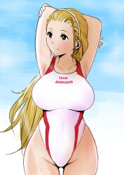 1girl absurdres armpits arms_behind_head awanokami blonde_hair blue_sky breasts brown_eyes closed_mouth clothes_writing cloud cloudy_sky commentary_request competition_swimsuit covering_crotch covering_privates cowboy_shot day girls_und_panzer hair_pulled_back hairband highleg highleg_one-piece_swimsuit highres large_breasts long_hair looking_to_the_side one-piece_swimsuit outdoors ponytail sasaki_akebi sky smile solo standing swimsuit very_long_hair white_hairband white_one-piece_swimsuit