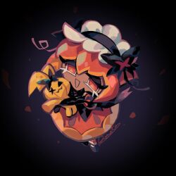 1girl :d artist_name bad_id bad_pixiv_id black_background black_hairband black_shirt black_shoes bow_hairband commentary_request cookie_run cookie_run:_kingdom frilled_hairband frills from_above full_body gloved_sleeves hair_between_eyes hairband highres holding holding_stuffed_toy inactive_account juliet_sleeves long_sleeves looking_at_viewer mary_janes no_pupils open_mouth orange_eyes orange_hair orange_petals orange_skirt pompon_(cookie_run) puffy_sleeves pumpkin_pie_cookie rn9j shirt shoes short_hair simple_background skirt smile solo standing stuffed_animal stuffed_toy vignetting