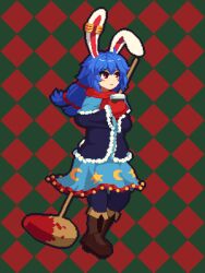 1girl :&lt; ambiguous_red_liquid animal_ears black_outline blue_dress blue_hair brown_footwear checkered_background closed_mouth commentary crescent_print dress earclip english_commentary full_body fur_trim gloves green_background kine low_twintails mallet outline pixel_art rabbit_ears rabbit_girl red_background red_eyes red_gloves rioku seiran_(touhou) solo star_(symbol) star_print touhou twintails two-tone_background