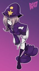 Rule 34 | 10s, 1girl, alternate costume, ass, bad id, bad tumblr id, bigdead, boots, breasts, female focus, hair over one eye, hat, highres, little witch academia, long hair, pale skin, police, police hat, police uniform, policewoman, purple hair, red eyes, solo, sucy manbavaran, underwear, undressing, watermark