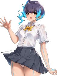 1girl absurdres artist_name black_skirt blue_hair body_markings bow bowtie brown_eyes buttons collared_shirt commentary fiery_hair glowing_lines glowing_markings highres medium_hair open_mouth panties pantyshot pleated_skirt riro_(breakthrough_rr) sena_(xenoblade) shirt side_ponytail simple_background skirt smile solo standing twitter_username underwear waving white_background white_panties white_shirt xenoblade_chronicles_(series) xenoblade_chronicles_3 yellow_bow yellow_bowtie