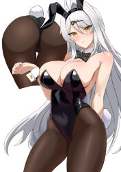 1girl animal_ears ass ayumu_(ayumu3659) bare_shoulders black_leotard blush bow bowtie breasts brown_pantyhose cleavage detached_collar fake_animal_ears fake_tail hair_ornament hairclip highleg highleg_leotard highres large_breasts leotard long_hair looking_at_viewer multiple_views pantyhose playboy_bunny rabbit_ears rabbit_tail tail thighs white_hair wrist_cuffs yellow_eyes yixuan_(zenless_zone_zero) zenless_zone_zero