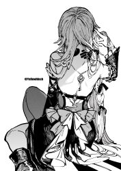 1girl back boots detached_sleeves dress facing_away from_behind greyscale herta_(honkai:_star_rail) highres honkai:_star_rail honkai_(series) key knee_up long_hair long_sleeves monochrome otimusyairoha pantyhose simple_background sitting sleeveless sleeveless_dress solo the_herta_(honkai:_star_rail) white_background