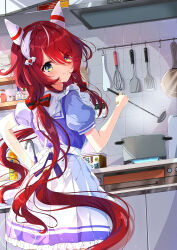 1girl absurdres animal_ears apron bandaid commentary_request cooking frying_pan green_eyes hair_between_eyes hair_ornament highres holding horse_ears horse_girl horse_tail juri-arima kitchen kitchen_knife looking_at_viewer low_twintails red_hair ribbon school_uniform smile standing tail tracen_school_uniform twintails umamusume win_variation_(umamusume)