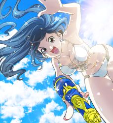 1girl abs bikini blue_hair breasts cloud day earrings fangs from_below front-tie_bikini_top front-tie_top green_bikini hat holding holding_water_gun japanon jewelry kraken_(japanon) kraken_regiment large_breasts long_hair looking_at_viewer lower_teeth_only medium_breasts narrow_waist navel non-web_source open_mouth original peaked_cap red_eyes russo-ukrainian_war sky smile sunlight swimsuit teeth tongue v-shaped_eyebrows water water_drop water_gun waving wavy_hair white_bikini