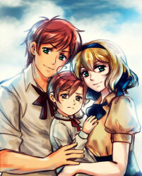 1girl 2boys axis_powers_hetalia bad_tag belgium_(hetalia) blonde_hair blue_sky bow bowtie brown_hair cloud cloudy_sky family green_eyes hair_ribbon headband multiple_boys ribbon short_hair sky smile southern_italy_(hetalia) spain_(hetalia) tan