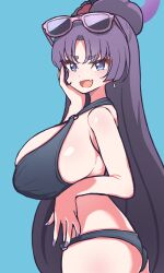 1girl absurdres alternate_breast_size alternate_eye_color bikini blue_archive blue_background blue_eyes breasts eyeshadow eyewear_on_head fang from_side halo hand_on_own_cheek hand_on_own_face highres huge_breasts long_hair looking_at_viewer makeup official_alternate_costume panatisia purple_hair purple_halo purple_nails red_eyeshadow simple_background skin_fang skindentation solo swimsuit very_long_hair yukari_(blue_archive) yukari_(swimsuit)_(blue_archive)