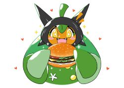 1girl blush_stickers bright_pupils burger cloak colored_skin commentary commission english_commentary fangs food gotchibam green_cloak heart holding holding_burger holding_food horns ko-fi_commission looking_at_food looking_at_object nintendo ogerpon open_mouth orange_skin pokemon pokemon_(creature) pokemon_focus sidelighting simple_background smile solo sparkle sparkling_aura star-shaped_pupils star_(symbol) symbol-shaped_pupils white_background white_pupils yellow_eyes