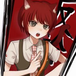 1girl :o animal_ears blush breasts cat_ears cat_girl cat_tail danganronpa_(series) danganronpa_2:_goodbye_despair dress fangs freckles green_dress green_eyes hand_up highres koizumi_mahiru kun_(oxx_kn_xxo) medium_breasts necktie plaid_clothes plaid_necktie red_background shirt short_sleeves solo tail translated white_shirt