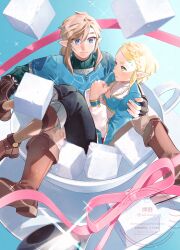 1boy 1girl absurdres black_pants blonde_hair blue_eyes blue_tunic boots braid brown_boots brown_hair brown_pants champion&#039;s_tunic_(zelda) crown_braid cup green_eyes highres link mini_person miniboy minigirl nintendo oshinomiya pants princess_zelda purple_eyes sugar_cube teacup the_legend_of_zelda the_legend_of_zelda:_tears_of_the_kingdom tunic watermark