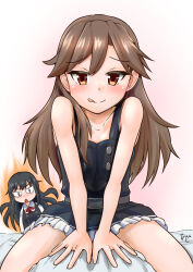 Rule 34 | 2girls, akashieru, arashio (kancolle), arashio kai ni (kancolle), artist logo, asashio (kancolle), asashio kai ni (kancolle), aura, brown eyes, brown hair, commentary request, dress, feet out of frame, frilled dress, frills, highres, kantai collection, logo, long hair, looking at viewer, multiple girls, one-hour drawing challenge, pinafore dress, sleeveless, sleeveless dress, straddling, tongue, tongue out
