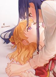 2girls aoi_hane asahina_mirai blonde_hair blush bow bowtie braid commentary half_up_braid highres holding_hands interlocked_fingers izayoi_liko long_hair long_sleeves mahou_girls_precure! medium_hair multiple_girls open_mouth precure purple_eyes purple_hair red_bow red_bowtie shirt smile symbol-only_commentary twitter_username upper_body white_shirt yuri