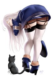 1girl 86_-eightysix- ahoge antenna_hair ass bent_over black_cat blue_footwear blue_jacket cat commentary english_commentary from_behind full_body garter_straps grey_eyes hand_on_own_neck hat high_heels highres holding holding_unworn_clothes holding_unworn_hat jacket long_hair long_sleeves looking_at_animal looking_down military military_hat military_uniform signature simple_background skindentation solo standing thigh_strap thighhighs tp_(86_-eighty-six-) unworn_hat unworn_headwear vladilena_millize white_background white_hair white_thighhighs zasshu