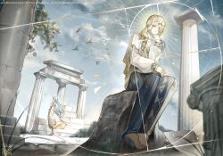 1boy 1girl 37_(reverse:1999) 6_(reverse:1999) ancient_greek_clothes architecture artist_logo barefoot bird blonde_hair blue_eyes blue_hair blue_sky book book_on_lap circlet cloud colored_eyelashes column fine_art_parody full_body golden_spiral grass greco-roman_architecture greco-roman_clothes hand_on_own_chin hand_up highres himation logo long_hair long_sleeves looking_at_viewer maruma_gozu on_rock open_book parody parted_lips pillar reverse:1999 rock ruins sitting sky solo_focus standing the_thinker toga