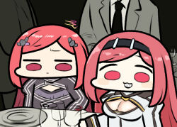2girls black_dress breast_envy breasts chibi cleavage cleavage_cutout clothing_cutout dress flat_chest glass hair_ornament hairband jazz_jack large_breasts last_origin long_hair long_sleeves multiple_girls necktie night_angel_(last_origin) photo-referenced plate red_eyes red_hair siblings signature simple_background sisters smile strato_angel_(last_origin) table very_long_hair white_dress