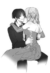 1boy 1girl alternate_costume blunt_ends collared_shirt contemporary dress dress_pants earrings elbow_gloves flower flower_ornament formal_clothes genshin_impact gloves greyscale hair_flower hair_ornament hair_over_shoulder hand_on_another&#039;s_shoulder hand_on_another&#039;s_waist hetero highres jacket jewelry jlypih layered_sleeves long_hair long_sleeves looking_at_another median_furrow monochrome necktie oc_x_canon original parted_lips scaramouche_(genshin_impact) shirt shoulder_blades sitting sitting_on_lap sitting_on_person smile strapless suit suit_jacket tsurime unzipping