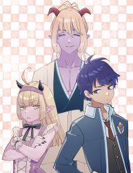 1girl 2boys ahoge ajpp6 asfeld_academy_school_uniform azbar_(dragon_quest) black_bow black_horns black_nails black_vest blonde_hair blue_eyes blue_hair blunt_bangs bow bow_choker checkered_background choker colored_skin commentary_request cross-laced_clothes cross-laced_dress crossed_arms demon_boy demon_girl dragon_quest dragon_quest_tact dragon_quest_x dress frilled_dress frilled_wrist_cuffs frills frown hairband hand_on_own_hip height_difference highres horns japanese_clothes jitome long_hair looking_at_another looking_to_the_side multiple_boys necktie official_alternate_costume pectoral_cleavage pectorals pointy_ears ponytail purple_dress purple_hairband purple_skin red_horns red_necktie rinverry risoru_(dq10) school_uniform smile upper_body vest wrist_cuffs yellow_eyes