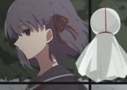 Rule 34 | 1girl, black sailor collar, black serafuku, black shirt, blurry, commentary request, depth of field, empty eyes, fate/stay night, fate (series), hair ribbon, heaven&#039;s feel, highres, matou sakura, medium hair, purple eyes, purple hair, rain, red ribbon, ribbon, sailor collar, school uniform, serafuku, shirt, solo, teruterubouzu, twitter username, window, yoyoyuyuy