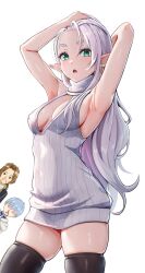 1girl 2boys armpits arms_up black_thighhighs blood blue_hair breasts brown_hair cleavage coat dress earrings elf frieren green_eyes grey_dress grey_hair heart heart-shaped_eyes highres himmel_(sousou_no_frieren) hoop_earrings jewelry long_hair looking_at_viewer medium_breasts multiple_boys nosebleed pointy_ears sein_(sousou_no_frieren) short_dress simple_background sousou_no_frieren thighhighs white_hair yami_anko
