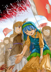 1other 6+girls :d apron aqua_dress aqua_headwear arm_ribbon armor armored_dress army bandages bandaid bandaid_on_arm bandaid_on_cheek bandaid_on_face bandaid_on_hand bandaid_on_wrist battle_standard beckoning belt black_sky blonde_hair blood blood_on_hands blue_hair blue_sky bow breast_pocket chinese_commentary chisel closed_eyes cloud dress eyepatch flag frilled_dress frilled_scarf frilled_sleeves frills green_apron grin hair_bun haniwa_(statue) haniwa_brooch haniyasushin_keiki headscarf highres holding holding_flag jewelry joutouguu_mayumi leaning_forward long_hair long_skirt magatama magatama_necklace mask multiple_girls necklace no_eyes open_mouth orange_eyes outstretched_hand plate_armor pocket purple_belt purple_ribbon reaching red_flag red_sky ribbon short_hair single_strap skirt sky smile sparks standing tape_measure teeth tools torn_clothes touhou upper_teeth_only war war_flag white_bow yazato_ichimushi yellow_armor yellow_dress yellow_skirt