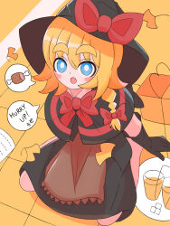 1girl :o ai_dayo_ai black_dress blue_eyes blush_stickers braid cookie_(touhou) dress english_text female_focus gloves hair_intakes hat highres japanese_text looking_at_viewer looking_up meguru_(cookie) open_mouth orange_hair ribbon sitting solo speech_bubble tagme wariza witch_hat