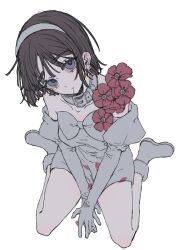 1girl alien_stage belt_collar black_hair blood blood_from_mouth bob_cut boots collar commentary_request dress earrings elbow_gloves flower flower_on_shoulder from_above full_body gloves hairband head_tilt highres jewelry juliet_sleeves long_sleeves off-shoulder_dress off_shoulder puffy_sleeves red_flower saku050524 short_hair simple_background sitting solo sua_(alien_stage) wariza white_background white_boots white_dress white_gloves white_hairband