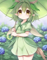 1girl absurdres blush breasts brown_cape cape collarbone dress flower green_dress green_hair green_neckerchief green_theme grey_sky highres holding holding_umbrella horns kinomiki_nobori leaf leaf_on_head looking_at_viewer neckerchief original pointy_ears puffy_sleeves rain short_hair short_sleeves sky small_breasts standing tail tree_horns umbrella yellow_eyes