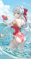 1girl absurdres aqua_eyes ass back back_cutout ball bare_shoulders beachball blue_sky bow carlotta_(splashing_summer)_(wuthering_waves) carlotta_(wuthering_waves) casual_one-piece_swimsuit clothing_cutout commentary_request day flower from_behind hair_bow hair_flower hair_ornament highres holding holding_water_gun jimizuai- long_hair looking_at_viewer looking_back ocean off-shoulder_one-piece_swimsuit off_shoulder official_alternate_costume one-piece_swimsuit open_mouth outdoors parted_bangs pink_bow pink_one-piece_swimsuit shoulder_blades sky smile solo striped_bow swimsuit very_long_hair wading water_gun white_flower wuthering_waves