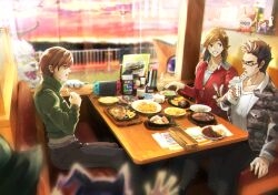 3boys belt black_hair black_pants booth_seating brown_eyes brown_hair camouflage camouflage_jacket cup drinking food fork from_side glasses green_jacket grin holding holding_cup holding_fork jacket kazuya_(megami_tensei) long_sleeves looking_at_another male_focus meal medium_hair multiple_boys nintendo_switch pants red_jacket shin_megami_tensei shin_megami_tensei_i shirt short_hair slice_of_life smile sunlight takeshi_(megami_tensei) tori_(bromaticbrotrap) white_shirt yuji_(megami_tensei)