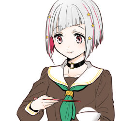 1girl black_choker blush bob_cut bowl brown_dress choker chopsticks closed_mouth collarbone colored_inner_hair commentary_request diagonal_bangs dress green_neckerchief grey_hair hair_ornament hasu_no_sora_school_uniform holding holding_chopsticks inverted_bob link!_like!_love_live! long_sleeves love_live! multicolored_hair neckerchief o-ring o-ring_choker red_hair rice rice_bowl sailor_collar school_uniform shinanoya_(satanicad) short_hair simple_background smile solo split_mouth star_(symbol) star_hair_ornament streaked_hair upper_body virtual_youtuber white_background white_sailor_collar winter_uniform yugiri_tsuzuri
