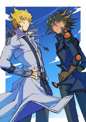 2boys absurdres black_hair blonde_hair blue_jacket coat facial_mark fudo_yusei highres jack_atlas jacket male_focus medium_hair multicolored_hair multiple_boys purple_eyes spiked_hair standing two-tone_hair white_coat youko-shima yu-gi-oh! yu-gi-oh!_5d&#039;s